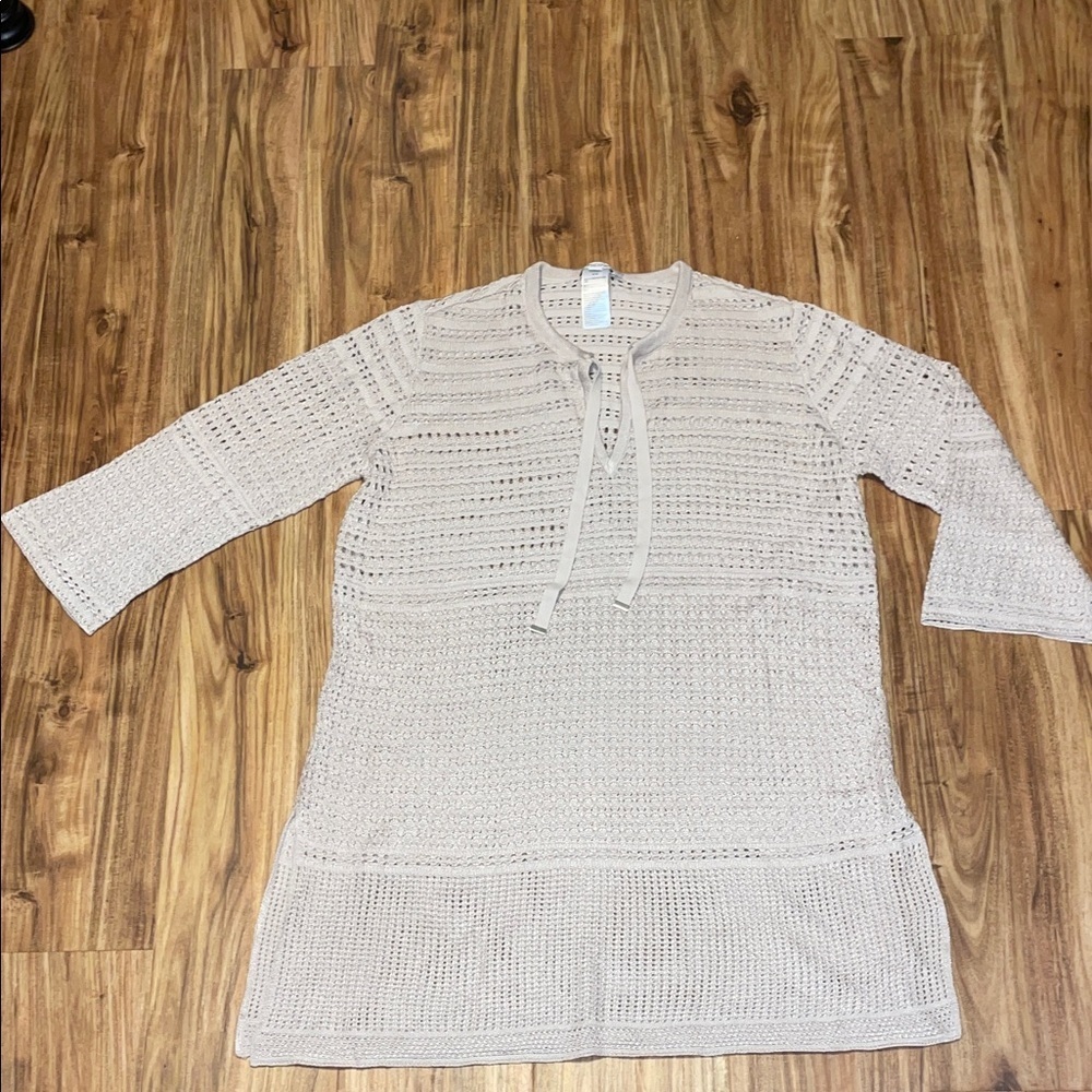 Chico's women’s medium 8 10 tunic top cover up Beige tan Crochet open knit nwot